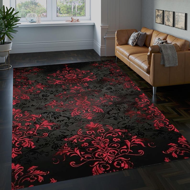 Dark Floral Rug, Red Black Rug, Victorian Style Rug, Moody Home Decor ...