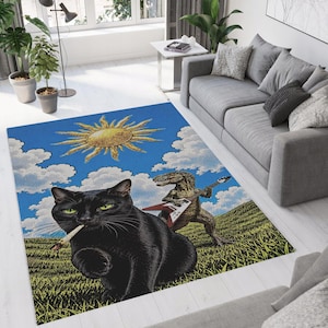May include: A rectangular area rug featuring a graphic illustration of a black cat with green eyes holding a cigarette in its mouth, positioned in front of a dinosaur playing a white electric guitar, set against a blue sky with a yellow sun.