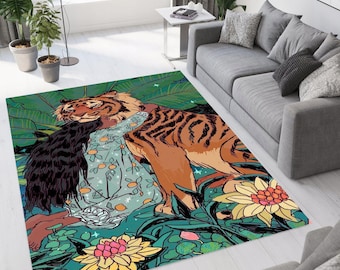 Tiger Area Rug, Jungle Animal  Bold Tiger, Print Rug, Artistic Jungle Decor, Tropical Rug, Colorful Tiger Mat, Unique Animal Rug,Living Room