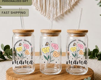 Personalized Mama Glass Cup with Kids Names | Floral Libbey Cup with Straw | 16oz Frosted or Clear Glass Tumbler | Mom Iced  Coffee Gift