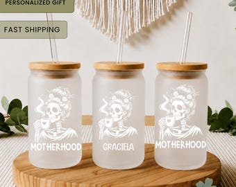 Personalized Skeleton Messy Bun Mama Glass Cup | Gothic Humor Frosted Iced Coffee Glass | Motherhood Funny Goth Skull | Spooky Mom Tumbler