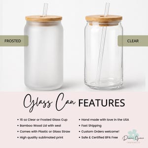 May include: Two glass can-shaped cups with bamboo lids and straws. One is frosted, the other clear. The image text says "Glass Can FEATURES" and lists features like a 16 oz cup, bamboo lid, and BPA-free materials.