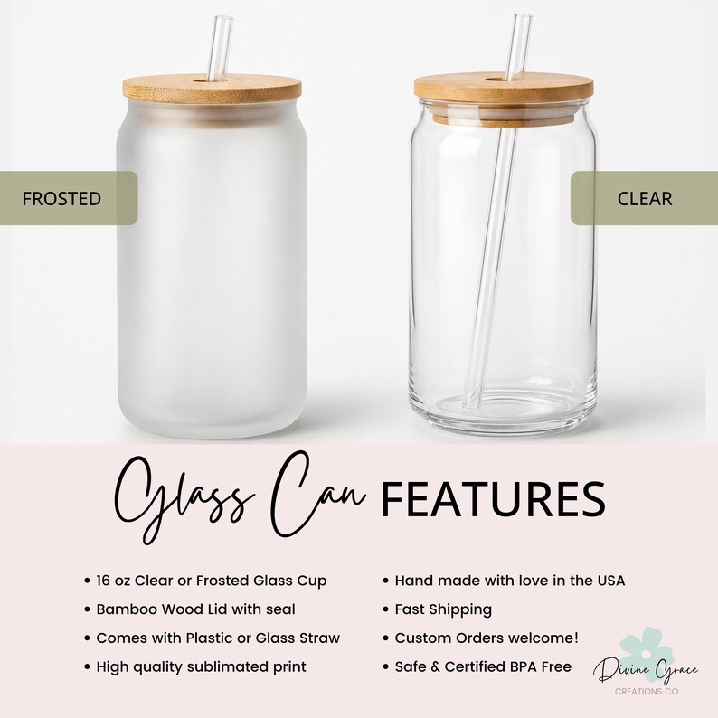May include: Two glass can-shaped cups with bamboo lids and straws. One is frosted, the other clear. The image text says "Glass Can FEATURES" and lists features like a 16 oz cup, bamboo lid, and BPA-free materials.