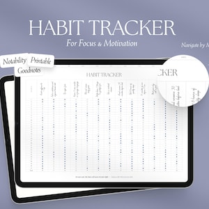 May include: A digital habit tracker displayed on a tablet, featuring a grid layout for tracking daily goals. The text "HABIT TRACKER" and "For Focus & Motivation" are visible. The tracker is designed for use with Notability and Goodnotes.