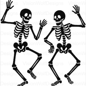 May include: A black graphic illustration of two skeletons in dynamic dancing poses. Each skeleton features a skull with hollow eye sockets, a rib cage, a pelvis, and articulated limbs with raised arms and bent knees, set against a white background.