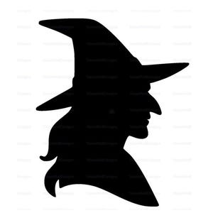 May include: A solid black silhouette graphic depicting the side profile of a figure wearing a pointed hat with a wide brim. The figure features long, flowing hair and a prominent, curved nose, presented as a clean, high-contrast vector design.