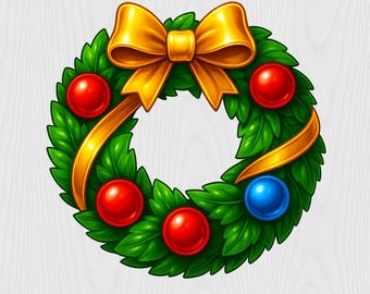 Ghirlanda di Natale PNG / Ghirlanda natalizia scintillante Clipart con fiocco dorato / 4500×4500px 300 dpi PNG trasparente per sublimazione e artigianato