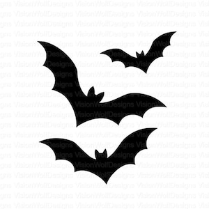 May include: A set of three black bat silhouettes arranged in a staggered formation. Each bat is depicted with wings fully extended in flight, featuring pointed ears and sharp wing tips. The design is solid black against a plain white background.