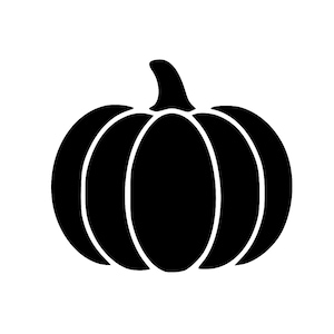 May include: A black and white graphic of a pumpkin. The pumpkin is a solid black color with white outlines that define the shape and segments. The stem is also black. This image is suitable for fall or Halloween-themed products.