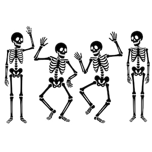May include: Black and white illustration of four skeletons in various poses. Two skeletons are dancing, one is waving, and one is standing still. The skeletons have black skulls and rib cages.