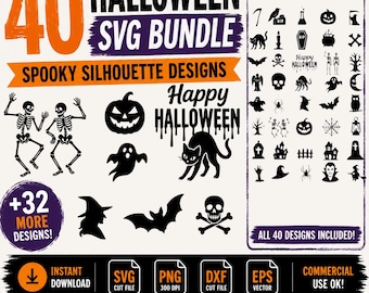 Pacchetto di 40 file SVG di Halloween / File di taglio per Cricut / Fantasma, Zucca, Pipistrello, Strega, Scheletro / png svg eps dxf