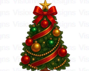 Elegante albero di Natale PNG, ornamenti rossi, oro e verde, clipart natalizie (download digitale)