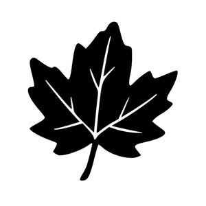 May include: A black and white graphic of a maple leaf. The leaf is solid black with white veins, and the edges are jagged. The stem is also black. The image is a simple, clean design, perfect for fall-themed crafts or decor.