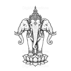 Może przedstawiać: Czarno-biała ilustracja trójgłowego słonia w ozdobnej koronie. Słoń stoi na kwiatu lotosu, z misternymi detalami. Obraz zawiera tekst "DigiAlCreations" w tle.