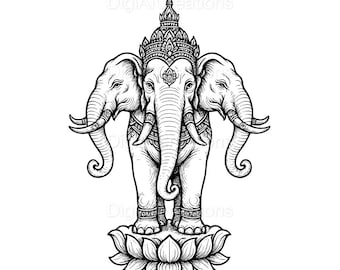 Three-Headed Erawan Elephant SVG: Thai Mythology Engraved Clipart