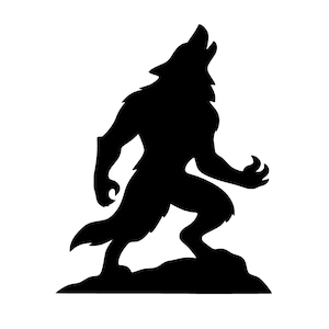 Könnte beinhalten: Schwarze Silhouette eines Werwolfs, der heult. Die Kreatur wird in einer dynamischen Pose dargestellt, die auf einer felsigen Oberfläche steht, den Kopf zurückgelehnt und den Mund geöffnet. Das Bild hat einen weißen Hintergrund.
