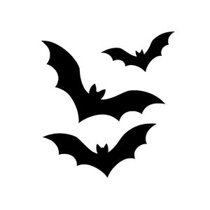 May include: Three black bat silhouettes on a white background. The bats are shown with outstretched wings, in different sizes and positions, creating a dynamic and spooky Halloween theme.