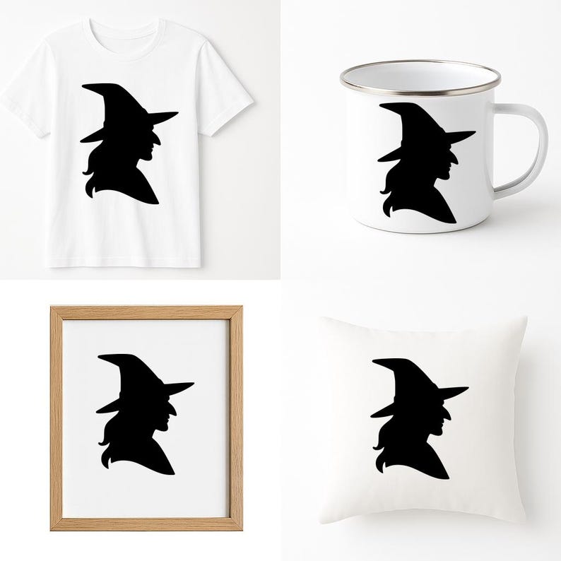 May include: A collection of items featuring a black silhouette of a witch. Includes a white t-shirt, a white enamel mug, a framed print, and a white pillow. The witch silhouette is wearing a pointed hat.