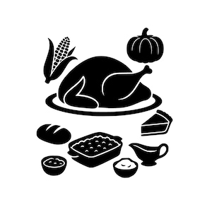 May include: Black and white illustration of a Thanksgiving dinner. The image includes a roasted turkey on a platter, a pumpkin, corn, bread, a casserole dish, gravy, a slice of pie, and two bowls.