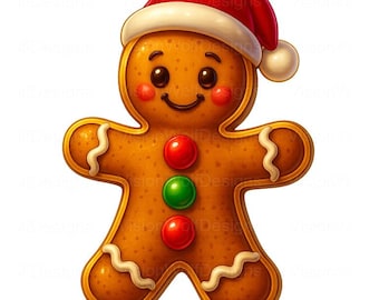 Immagine PNG di un omino di pan di zenzero natalizio / Clipart con cappello di Babbo Natale (Download digitale)