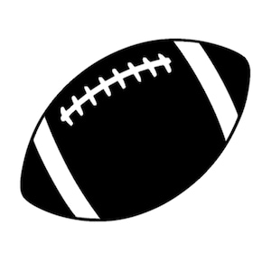 Pode incluir: Uma bola de futebol americano preta e branca, com listras e cadarços brancos. A bola tem formato oval e possui listras brancas nas laterais. Os cadarços também são brancos e o fundo é branco liso.