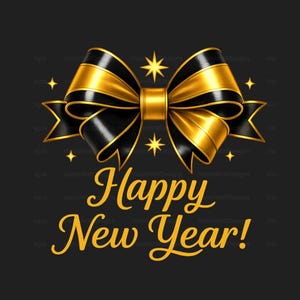 May include: A festive graphic on a black background features a gold and black bow with gold trim and accents. The words "Happy New Year!" are written in gold script below the bow, with several gold starbursts.
