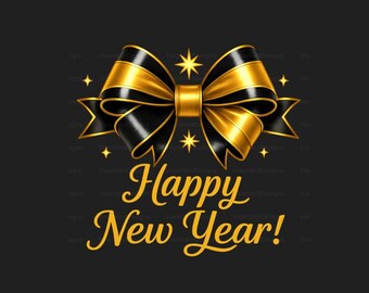 Fiocco nero e oro "Buon Anno" PNG / Elegante clipart per festeggiamenti (Download digitale)