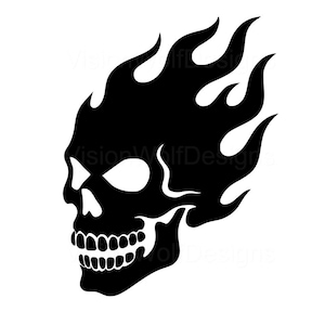May include: A black skull design with flames emanating from the top. The skull features visible teeth and eye sockets. This high-contrast graphic is suitable for various applications, such as clothing or accessories.