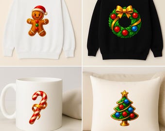 Pacchetto di clipart natalizie 4 PNG / Bastoncino di zucchero, Albero di Natale, Omino di pan di zenzero, Ghirlanda / 4500×4500 300 DPI / Adesivi per le feste Grafica a sublimazione