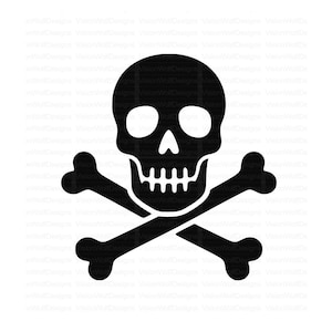 Könnte beinhalten: Eine schwarz-weiße grafische Illustration eines menschlichen Schädels, der direkt über zwei gekreuzten Knochen positioniert ist. Das Design zeigt eine massive schwarze Schädelform mit weißen Aussparungen für Augenhöhlen, Nasenhöhle und Zähne.