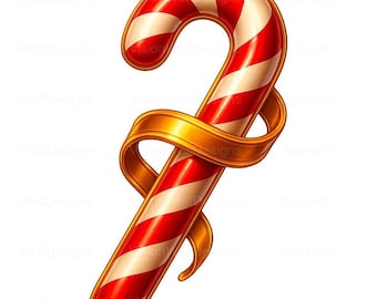 Bastoncino di zucchero PNG / Bastoncino di zucchero natalizio Clipart / Bastoncino di zucchero rosso bianco lucido con nastro dorato / 4500×4500 300 dpi PNG per sublimazione e artigianato