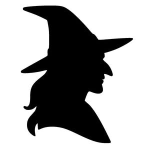 May include: A black silhouette of a witch's profile, featuring a tall, pointed hat and a long, hooked nose. The witch's hair flows down her back. The image is set against a white background, perfect for Halloween-themed designs.