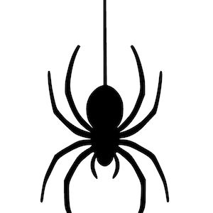 May include: A black spider silhouette with eight legs and a rounded body, suspended from a single strand. The spider is a simple, graphic design, perfect for Halloween or spooky-themed crafts and decorations.