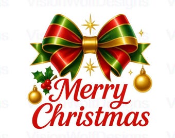 Buon Natale PNG: Clipart con fiocco rosso, verde e oro e ornamenti, sublimazione (download digitale)