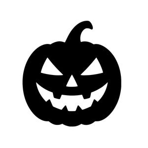 May include: A black silhouette of a carved pumpkin with a menacing face. The pumpkin features triangular eyes, a triangular nose, and a jagged, toothy grin. The stem curves upwards. Perfect for Halloween decorations.
