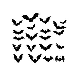 May include: A collection of black bat silhouettes in various sizes and poses against a white background. The bats are depicted with spread wings, some with visible facial details, creating a Halloween or spooky theme.