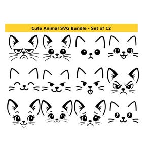May include: A set of 12 black and white cat face designs with various expressions. The text "Cute Animal SVG Bundle - Set of 12" is displayed on a yellow background.