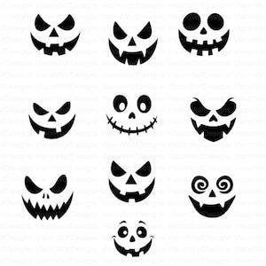 Grafika wektorowa z twarzami Jacka O’Lantern | Dynia Halloween svg png eps dxf | 10 strasznych i uroczych wzorów rzeźbienia