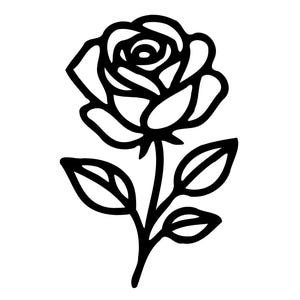 May include: A black and white line drawing of a rose. The rose has multiple petals and is in full bloom. The stem has three leaves. The image is on a white background.