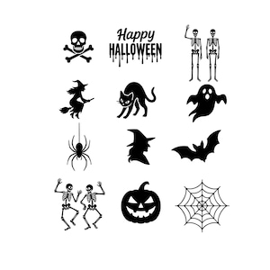 Puede incluir: Elementos gráficos de Halloween en blanco y negro sobre un fondo blanco. Incluye una calavera y huesos cruzados, el texto "Happy Halloween", esqueletos, una bruja, un gato negro, un fantasma, una araña, un murciélago, una calabaza y una telaraña.