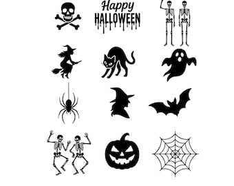 Pacchetto SVG di Halloween: disegni di streghe, scheletri e fantasmi (file tagliati)