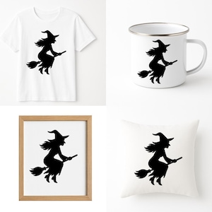 May include: A white t-shirt, a white enamel mug with a silver rim, a framed print in a light wood frame, and a white throw pillow. Each item features a black silhouette graphic of a witch flying on a broomstick against a plain white background.