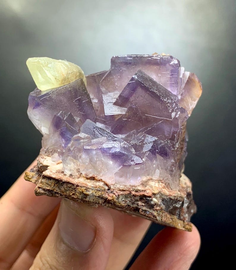 Puede incluir: Un grupo de cristales de fluorita c&uacute;bicos de color p&uacute;rpura transl&uacute;cido con una formaci&oacute;n de cristal amarillo p&aacute;lido en la parte superior, sobre una base de matriz mineral marr&oacute;n rugosa y texturizada con bordes cristalinos y facetas geom&eacute;tricas.