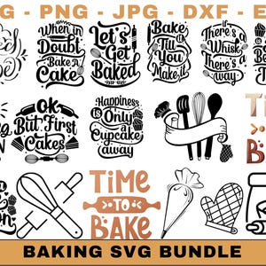 Könnte beinhalten: Eine Sammlung von Back-Themen-SVG-Designs in Schwarz und Weiß mit Sätzen wie "Baked with Love" und "Time to Bake". Enthält Bilder von Küchenutensilien wie Schneebesen, Nudelrollen und Ofenhandschuhen. Die Worte "BAKING SVG BUNDLE" stehen unten.