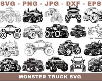 May include: Black and white illustrations of monster trucks in various designs. The image includes the text "SVG - PNG - JPG - DXF - EPS" at the top and "MONSTER TRUCK SVG" at the bottom, suitable for digital design projects.