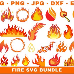 Puede incluir: Una colección de gráficos de fuego estilizados en tonos de rojo, naranja y amarillo. La imagen incluye varias formas de llama, incluyendo llamas, anillos de fuego y una cerilla encendida. El texto en la parte superior dice "SVG - PNG - JPG - DXF - EPS" y "FIRE SVG BUNDLE" en la parte inferior.