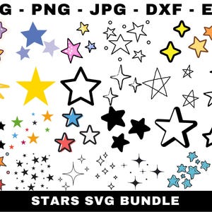 Puede incluir: Una colección de gráficos en forma de estrella en varios estilos y colores, incluyendo amarillo, rosa, azul y negro. La imagen incluye el texto "SVG - PNG - JPG - DXF - EPS" en la parte superior y "STARS SVG BUNDLE" en la parte inferior.