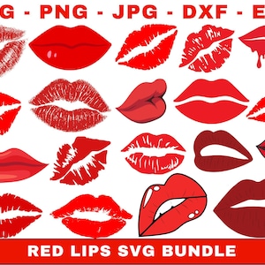 以下が含まれることがあります： 様々なスタイルの赤い唇のデザインのコレクション。口紅の跡、アウトラインの唇、フルリップなど。画像には上部に「SVG - PNG - JPG - DXF - EPS」、下部に「RED LIPS SVG BUNDLE」というテキストが含まれています。