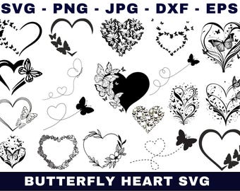 Paquete SVG PNG de corazón de mariposa / Diseños de amor (Descarga digital)