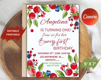 Berry First Birthday Invitation, Strawberry Girl Invite (Editable, Printable PDF)
